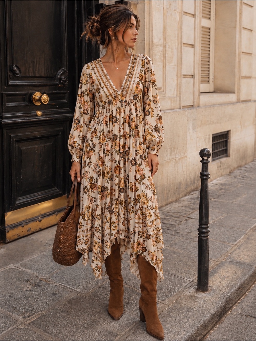 Free People Floral Boho Prairie Midi Maxi Dress V Neck Tiered Cottagecore Fall